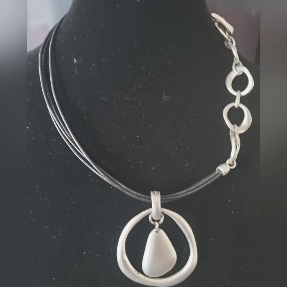 Boho Black Leather Silver Necklace Pendant